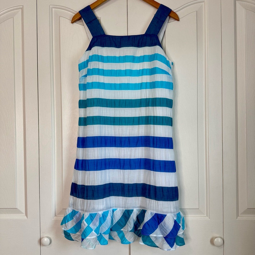 Sara Campbell Women’s 6 blue and white striped midi sundress, ruffle hem, lined